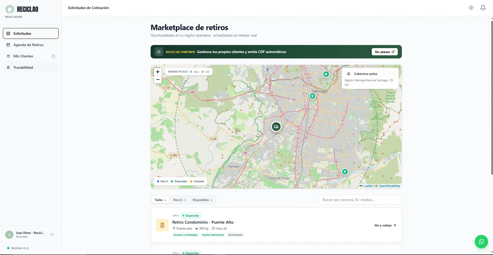 Marketplace real de Reciclao mostrando solicitudes de retiro disponibles en un mapa de cobertura
